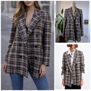 Zara Glen Plaid Double Breasted Blazer Jacket Size Small